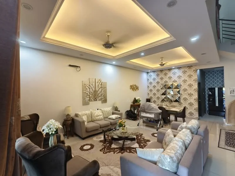 Living features: tray ceiling with recessed lighting, 5-blade ceiling fan with light, cream painted walls, wall-mounted decorative mirror, area rug with floral pattern, 3-seater fabric sofa in light grey, 2-seater fabric sofa in beige, armchair in dark grey, glass coffee table, decorative wall art, potted plants, wall sconces, tile flooring; style: modern.