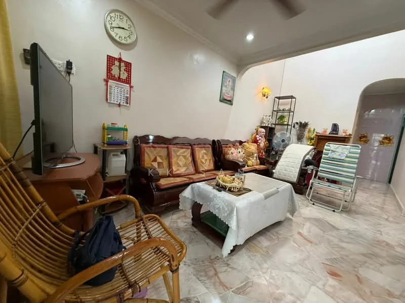 Living features: 3-seater wooden sofa with patterned cushions, 2-seater rattan chair, coffee table with decorative items, TV console with flat-screen TV, wall-mounted clock, decorative wall art, marble tile flooring, ceiling fan, window with sheer curtains, potted plants, side table with decorative items; style: traditional.