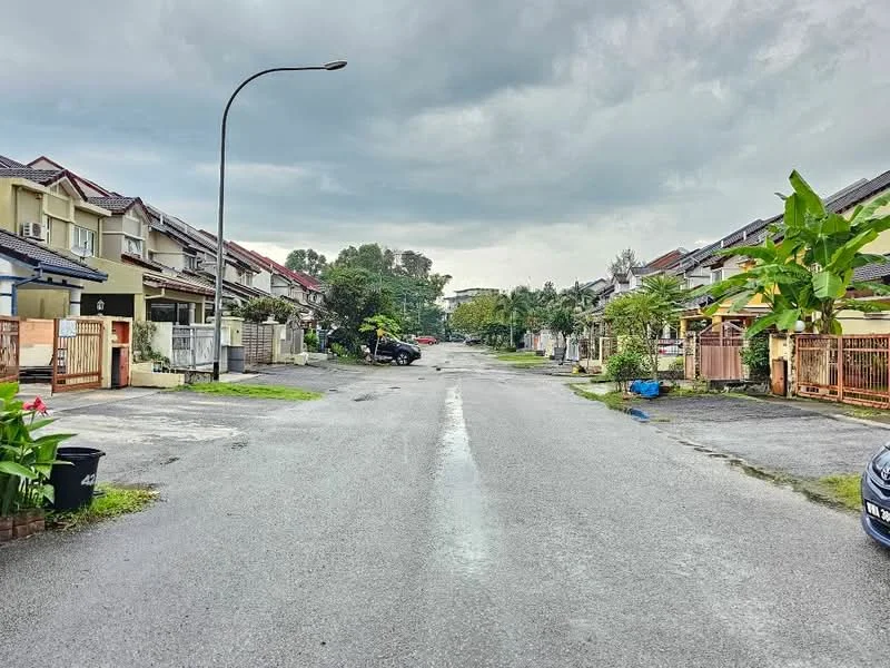 Exterior type: linked terrace house; features: residential street, two-storey houses, paved road, street lights, manicured gardens, fenced front yards, tropical landscaping, driveways, greenery along the street, cloudy sky; style: modern.