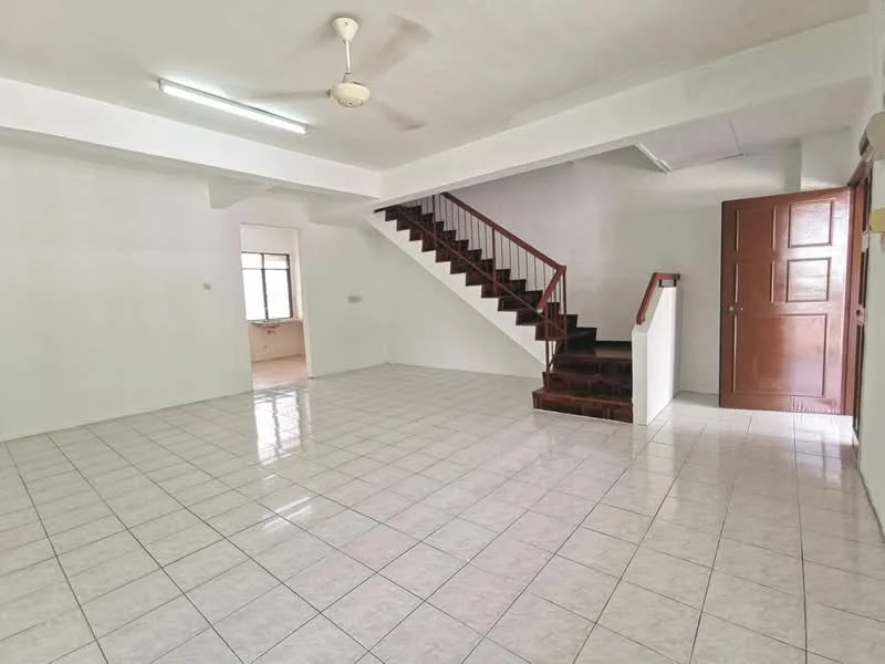 Living features: white painted walls, glossy ceramic tile flooring, ceiling fan, staircase with wooden railing, large windows for natural light, open layout, neutral color scheme, no visible furniture; style: minimalist. Room features: white painted walls, glossy ceramic tile flooring, large windows, open layout.