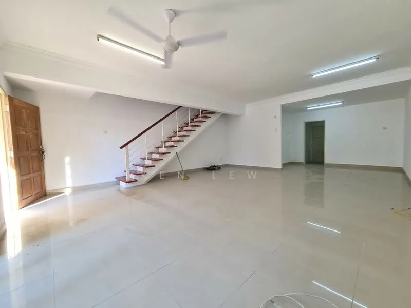 Room features: white painted walls, polished ceramic tile flooring, ceiling fan, staircase with wooden handrail, door with wooden finish, recessed ceiling lights, large windows for natural light, open layout; style: modern.