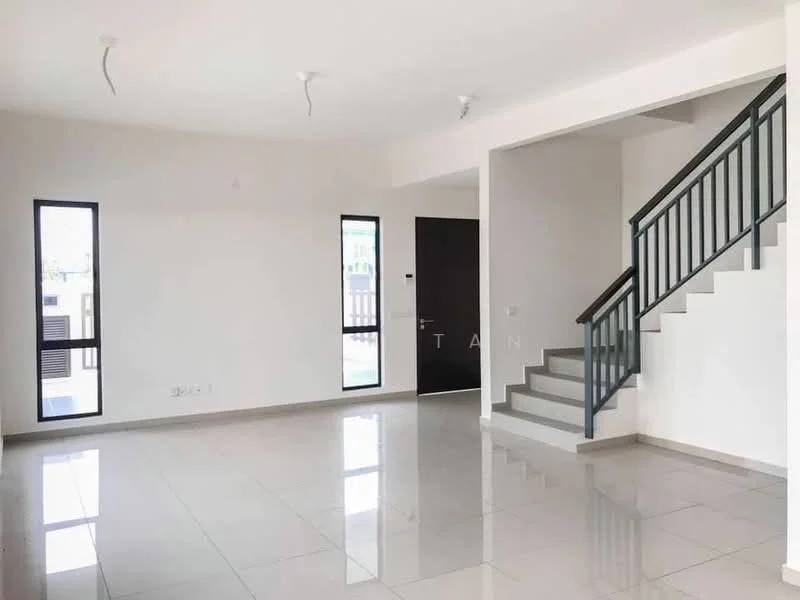 Living features: white painted walls, polished ceramic tile flooring, staircase with metal railing, 2 floor-to-ceiling windows, 1 main door, recessed downlights, open layout, neutral color scheme; style: modern.