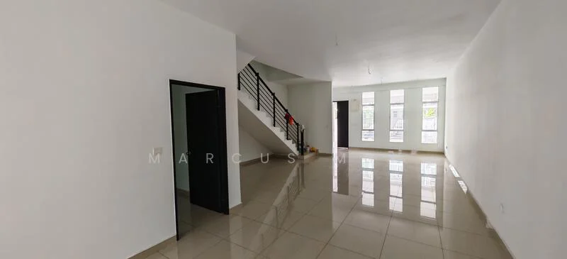 Room features: white painted walls, glossy ceramic tile flooring, staircase with metal railing, large windows allowing natural light, open layout, high ceiling, no visible furniture, neutral color scheme; style: modern.