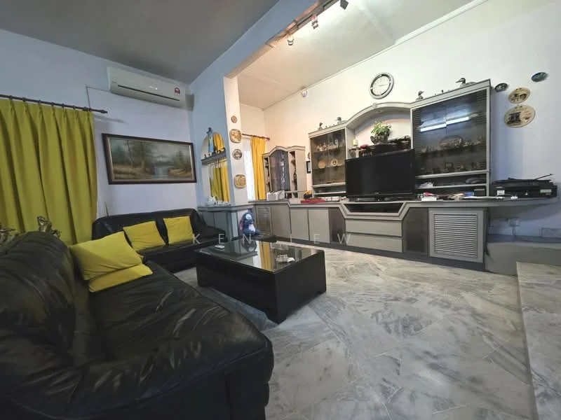 Living features: black leather sofa, yellow accent cushions, glass coffee table, TV unit with storage, wall-mounted TV, marble flooring, white painted walls, curtains in yellow, artwork on wall, ceiling-mounted lighting, air conditioning unit; style: contemporary.