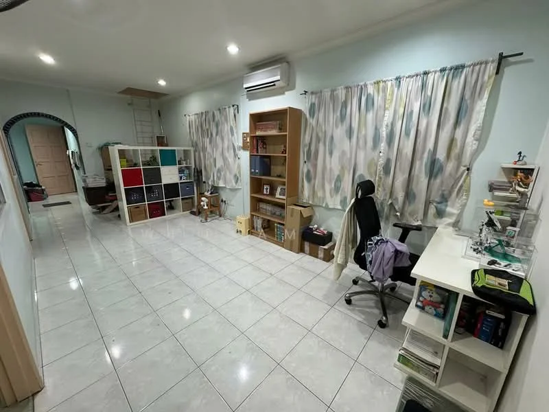Room features: white painted walls, glossy ceramic tile flooring, air conditioning unit, floor-to-ceiling windows with sheer curtains, bookshelf with open shelving, office chair, desk with storage, decorative items on shelves, ladder against the wall, light fixture on ceiling; style: modern.