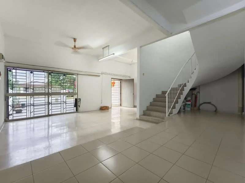 Living features: white painted walls, tile flooring, 5-blade ceiling fan, large sliding glass door, window with security grille, staircase leading to upper floor, open layout, natural light from windows; style: modern; view: garden.