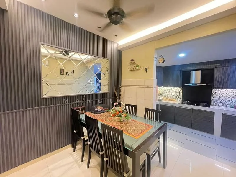 Dining features: dining table with glass top, black wooden dining chairs, 5-blade ceiling fan with light, mirrored wall decor, striped accent wall in grey, white tiled flooring, decorative table runner, wall-mounted clock, recessed lighting; style: modern. Kitchen features: black cabinetry, stainless-steel range hood, built-in oven, gas hob, mosaic tile backsplash, white tiled walls, under-cabinet lighting; style: modern.