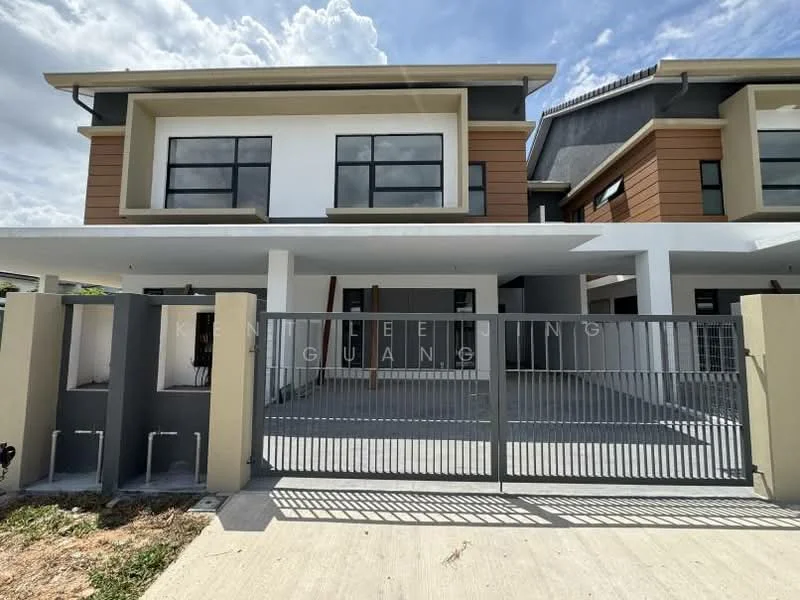 Exterior type: semi-detached house; features: two-storey structure, white painted facade, brown accent panels, large windows, metal gate, concrete driveway, manicured lawn, modern architectural design, flat roof, porch area; style: modern.
