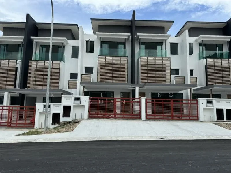 Exterior type: linked terrace house; features: white painted facade, horizontal wooden slats on balconies, flat roof, 2-storey, glass railings on balconies, red metal gate, driveway with interlocking pavers, manicured landscaping in front; style: modern.