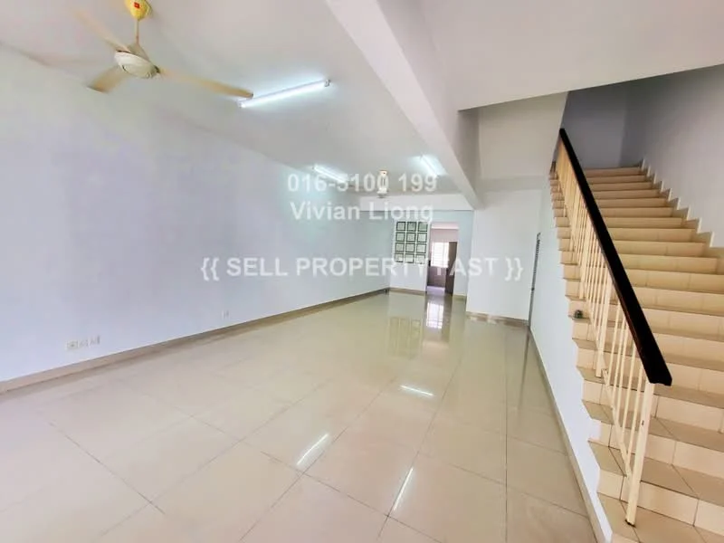 Room features: white painted walls, polished floor tiles, ceiling fan, staircase, large windows, natural light, open layout, neutral color scheme; style: modern.