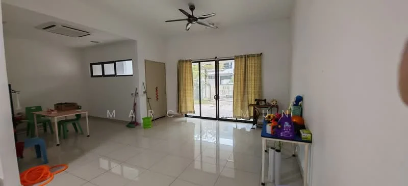Room features: white painted walls, glossy tile flooring, sliding glass door, floor-to-ceiling windows, ceiling fan, air conditioning unit, curtains, dining table with chairs, plastic storage bins, colorful children's toys, clean and uncluttered space; style: modern; view: garden.