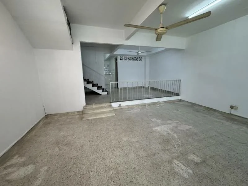 Living features: white painted walls, concrete flooring, 5-blade ceiling fan, staircase leading to upper level, open layout, natural light from windows, railings, no visible furniture; style: minimalist.