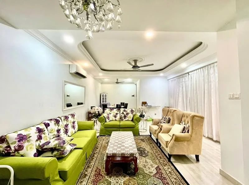 Living features: green fabric sofa with floral pattern, beige upholstered armchairs, coffee table with wooden legs, area rug with intricate pattern, white painted walls, recessed ceiling with decorative molding, 5-blade ceiling fan with light, floor-to-ceiling curtains, mirrored wall panel, LED downlights; style: contemporary.