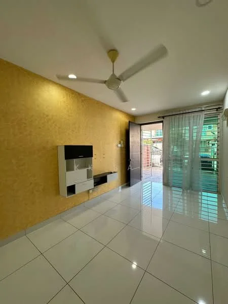 Living features: yellow textured accent wall, white painted walls, glossy white tile flooring, 5-blade ceiling fan, floor-to-ceiling sliding glass door, sheer curtains, wall-mounted TV console, open layout, natural light from door, access to balcony; style: modern; view: garden.