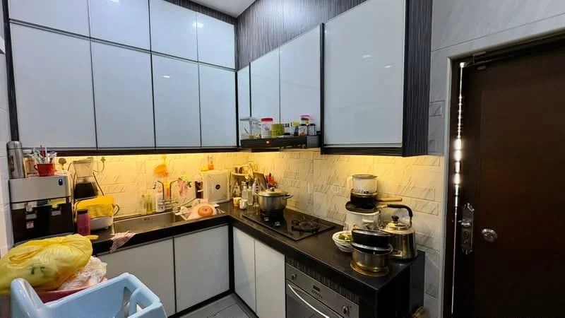 Kitchen features: white high-gloss cabinetry, black countertop, stainless-steel gas hob, built-in oven, kitchen sink, wall-mounted shelves, tile backsplash, recessed lighting, grey tiled flooring, door leading to exterior, various kitchen appliances, cluttered countertop with utensils; style: modern.