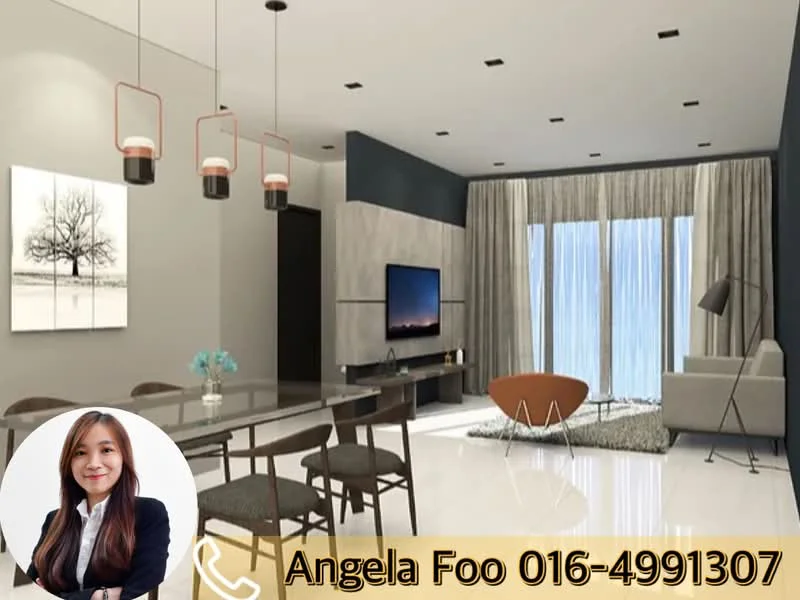 Living features: white painted walls, grey accent wall, polished tile flooring, recessed downlights, 3-blade ceiling fan, floor-to-ceiling windows, sheer curtains, TV console, wall-mounted TV, coffee table, sofa in light grey, dining table with chairs, decorative artwork; style: modern; view: garden.
