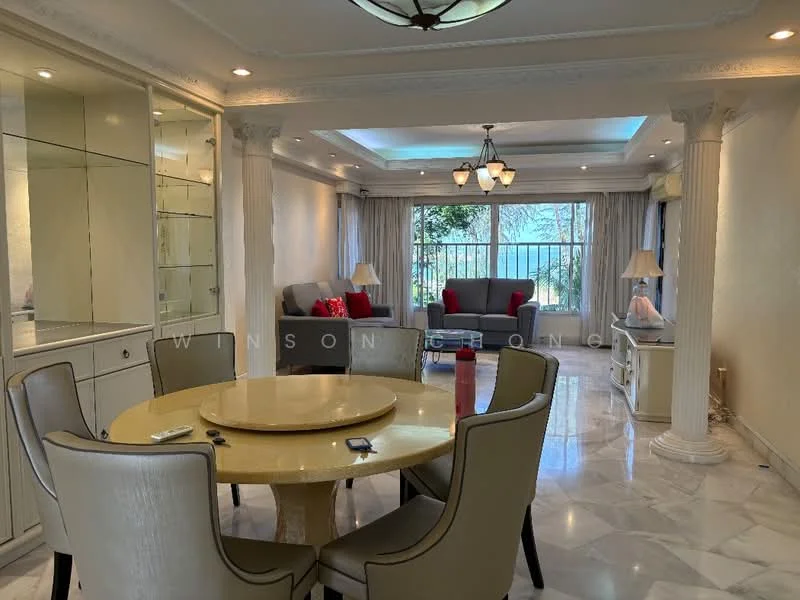 Living features: marble flooring, white painted walls with crown moulding, tray ceiling with decorative light fixture, floor-to-ceiling windows, curtains, two armchairs in grey, sofa in red, coffee table, decorative pillars, area rug, wall-mounted light fixtures; style: luxury; view: garden. Dining features: round dining table with marble top, four upholstered dining chairs, built-in display cabinet, decorative mirror, wall-mounted light fixture; style: luxury.