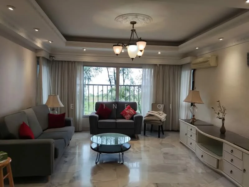 Living features: grey fabric 3-seater sofa, grey fabric 2-seater sofa, red decorative cushions, round glass coffee table, white console table, lamps on side tables, marble flooring, crown moulding on ceiling, recessed downlights, chandelier, floor-to-ceiling windows with sheer curtains, view of greenery outside; style: modern; view: garden.