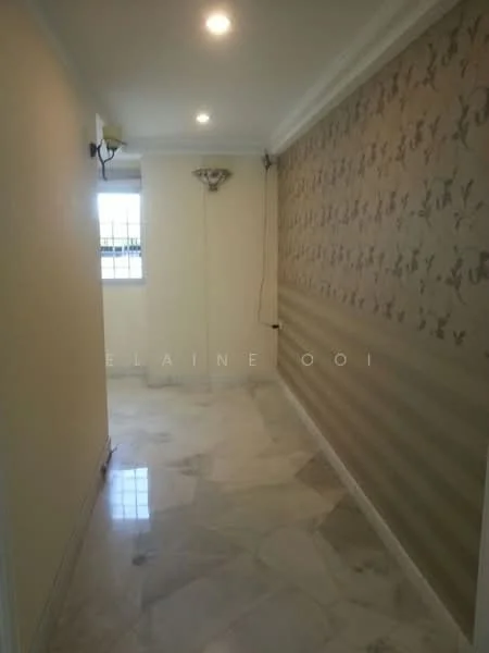 Room features: white painted walls, feature wall with floral pattern, marble flooring, recessed downlights, wall-mounted sconce, window with grid pattern, crown moulding; style: modern.