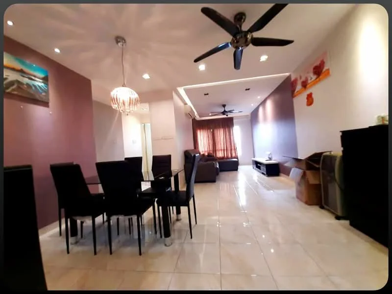 Living features: cream painted walls, grey accent wall, recessed downlights, 5-blade ceiling fan, sofa in grey, TV console, wall-mounted TV, area rug, large windows with sheer curtains, dining table with black chairs, tile flooring, decorative artwork; style: modern.