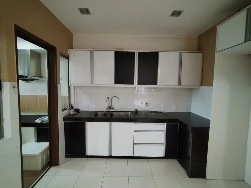 Kitchen features: black granite countertop, white and black cabinetry, stainless-steel sink, chrome pull-down faucet, built-in oven, ceramic tile flooring, white tiled backsplash, recessed downlights, wall-mounted range hood, open shelving, under-cabinet lighting; style: modern.