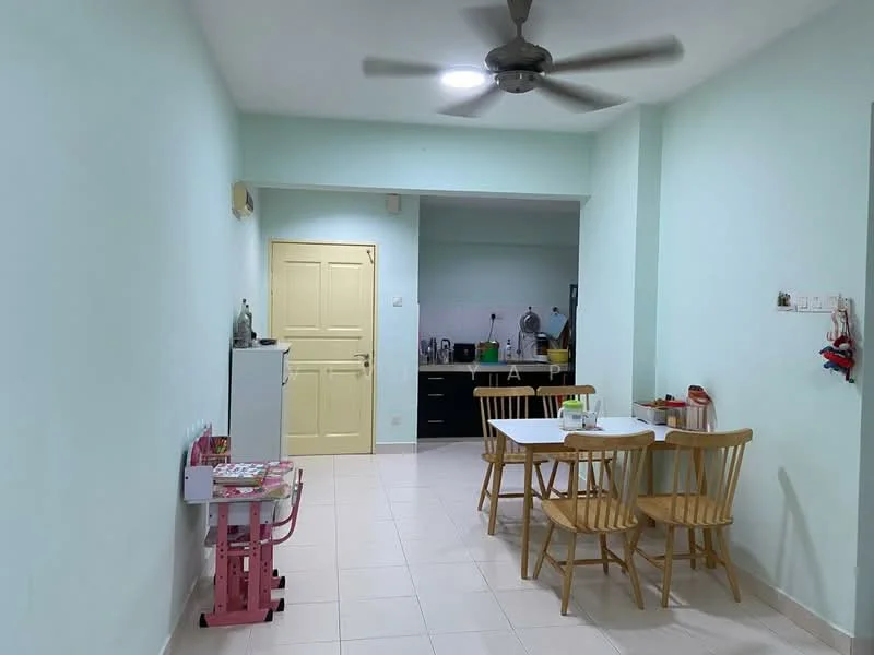 Dining features: light green painted walls, white tiled flooring, 5-blade ceiling fan with light, wooden dining table with four chairs, pink children's table and chair set, white refrigerator, black kitchen cabinetry, kitchen countertop, kitchen sink, open kitchen layout; style: modern.