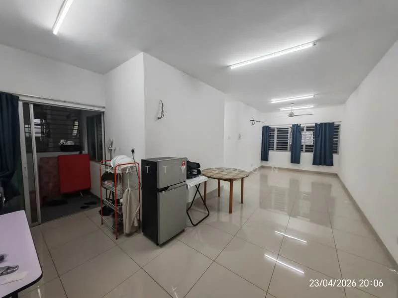 Room features: white painted walls, glossy tile flooring, ceiling lights, window with curtains, refrigerator, round dining table, four chairs, wall-mounted fan, open layout, sliding glass door, light-colored furniture, minimalist decor; style: modern.