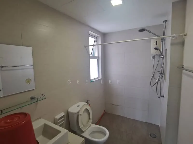 Bathroom features: white tiled walls, grey tiled flooring, single-sink vanity with cabinet, chrome basin mixer faucet, one-piece toilet, walk-in shower with glass enclosure, rain shower head, handheld shower, mirror above sink, window for natural light, shower curtain rod, wall-mounted water heater; style: modern.