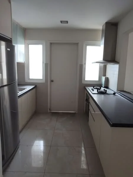 Kitchen features: grey granite countertop, white cabinetry, stainless-steel fridge, built-in oven, 4-burner gas hob, stainless-steel range hood, double-bowl stainless-steel sink, ceramic tile flooring, white tiled backsplash, two windows, door leading outside; style: modern.