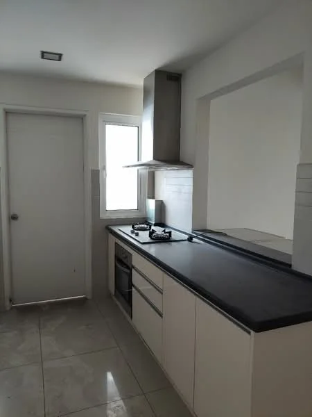Kitchen features: black countertop, white cabinetry, stainless-steel range hood, 2-burner gas hob, built-in oven, white tiled backsplash, floor-to-ceiling window, tile flooring; style: modern.