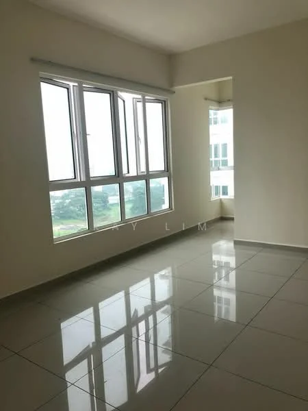 Room features: large floor-to-ceiling windows, white painted walls, glossy ceramic tile flooring, natural light from windows, view of greenery, neutral color scheme, open layout, no visible furniture; style: modern; view: garden.