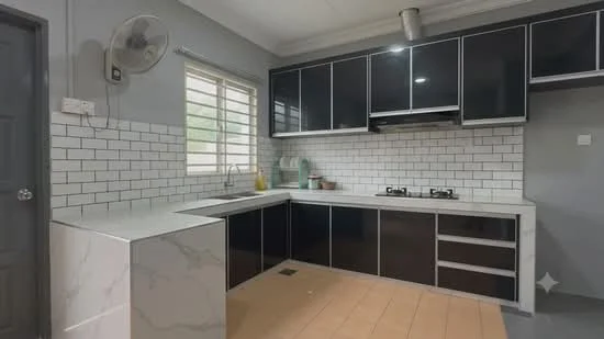 Kitchen features: black cabinetry with glossy finish, white subway tile backsplash, marble countertop, double-bowl stainless-steel sink, chrome pull-down faucet, built-in gas hob, exhaust hood, window with horizontal blinds, wall-mounted split AC, tile flooring, open shelving, kitchen island with storage; style: modern.