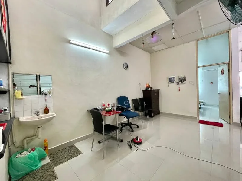 Room features: white painted walls, glossy tile flooring, ceiling with exposed beams, recessed downlights, pendant light, small sink with faucet, dining table with two chairs, blue office chair, wooden cabinet, wall clock, decorative wall art, power outlet on the floor, red carpet mat; style: modern.