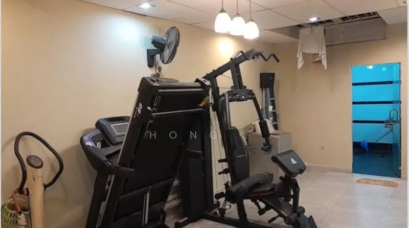 Room features: treadmill, multi-gym exercise machine, exercise bench, ceiling lights, wall-mounted fan, light-colored painted walls, tile flooring, open space layout; style: modern.