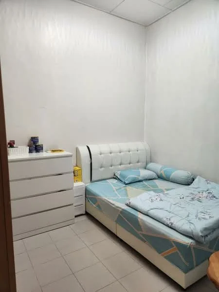 Bedroom features: queen-size bed with upholstered headboard, light blue bedding with geometric pattern, white bedside table, white dresser with multiple drawers, plain white painted walls, tile flooring, ceiling with fluorescent lighting; style: modern.
