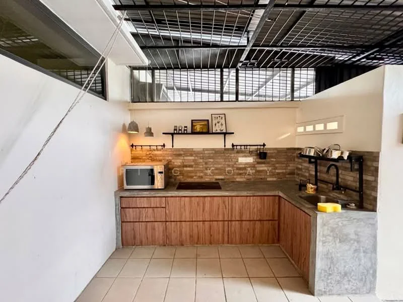 Kitchen features: grey stone countertop, wood cabinetry, microwave, black faucet, stainless-steel sink, open shelving, tile backsplash with stone pattern, recessed lighting, floor tiles, metal grid ceiling; style: modern.
