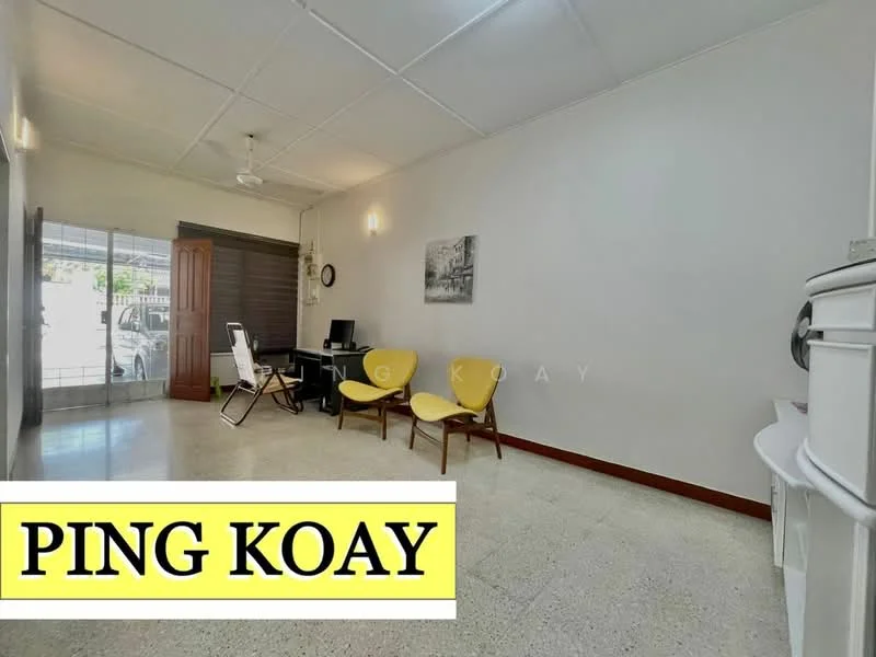 Living features: white painted walls, polished concrete flooring, ceiling fan, floor-to-ceiling windows, sliding glass door, wooden door, computer desk, two yellow accent chairs, wooden chair, decorative wall art; style: modern; view: garden.