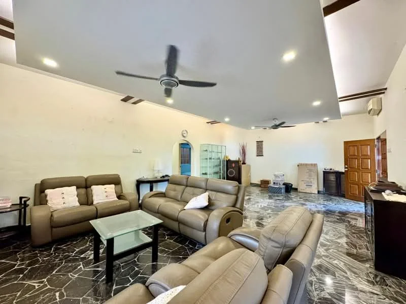 Living features: 3-seater leather sofa in beige, 2-seater leather sofa in beige, glass coffee table, marble flooring, ceiling fan with light, recessed downlights, wall-mounted air conditioning unit, wooden sideboard, decorative wall clock, large windows, neutral painted walls, exposed wooden beams on ceiling; style: modern.