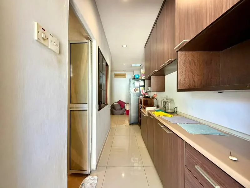 Kitchen features: brown wooden cabinetry, light-colored countertop, ceramic tile flooring, refrigerator, wall-mounted air conditioning unit, sink, wall-mounted shelves, window, light fixtures, open layout, neutral wall color; style: modern.