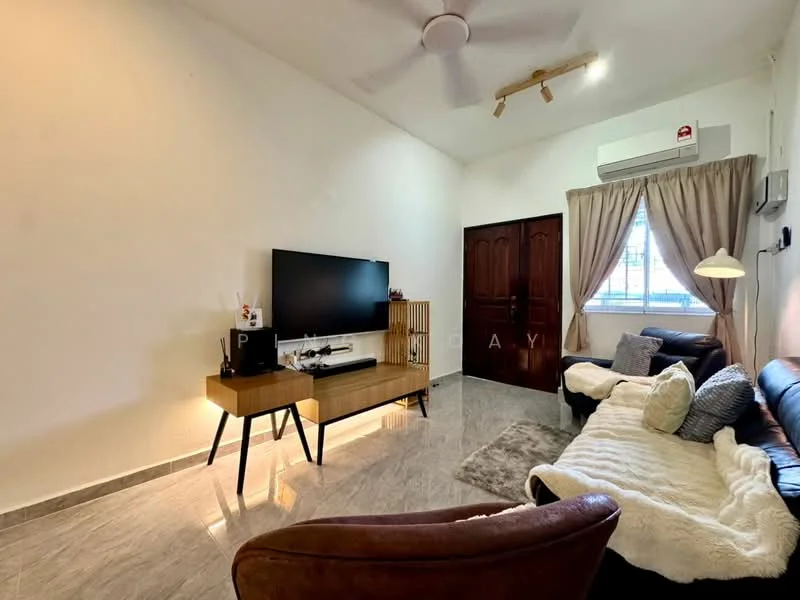 Living features: grey marble tile flooring, white painted walls, sloped ceiling, 5-blade ceiling fan, wall-mounted TV, wooden TV console, brown leather sofa, armchair, decorative throw blanket, curtains, air conditioning unit; style: modern.
