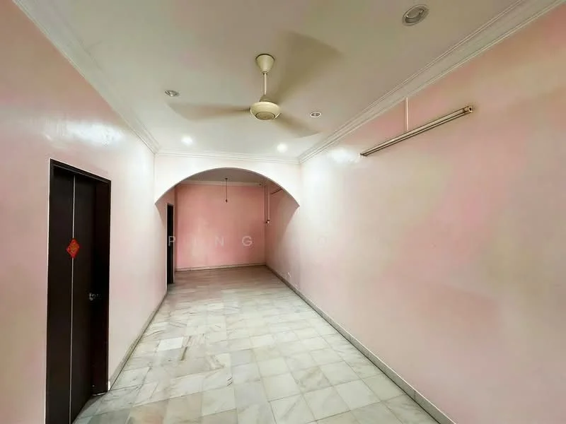 Room features: pink painted walls, marble flooring, tray ceiling, recessed downlights, ceiling fan, arched doorway, wall-mounted light fixture; style: modern.