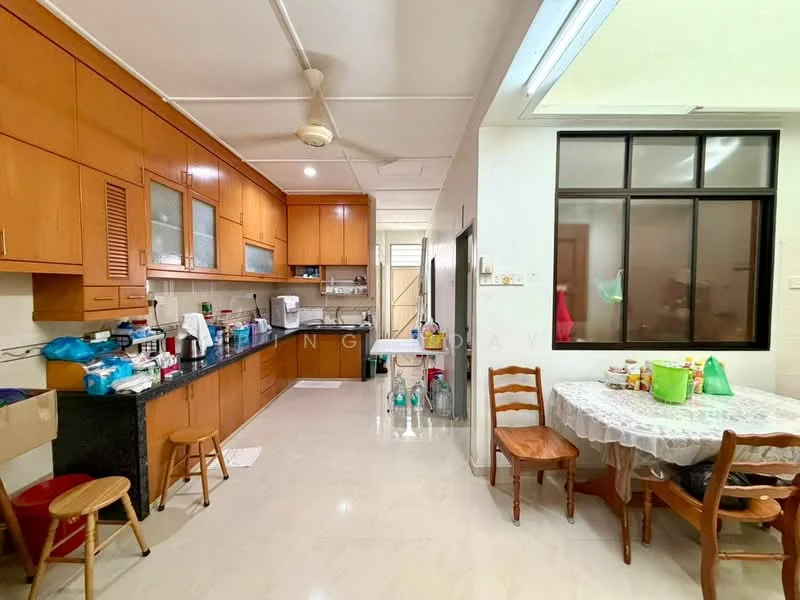 Kitchen features: brown wooden cabinetry, black granite countertop, stainless-steel sink, chrome pull-down faucet, built-in oven, freestanding range oven, microwave, refrigerator, ceramic tile flooring, ceiling fan, wall-mounted cabinets, open shelving, window with black frame, light-colored walls, dining table with white tablecloth, wooden dining chairs; style: modern. Dining features: round dining table, wooden dining chairs, white tablecloth; style: modern.