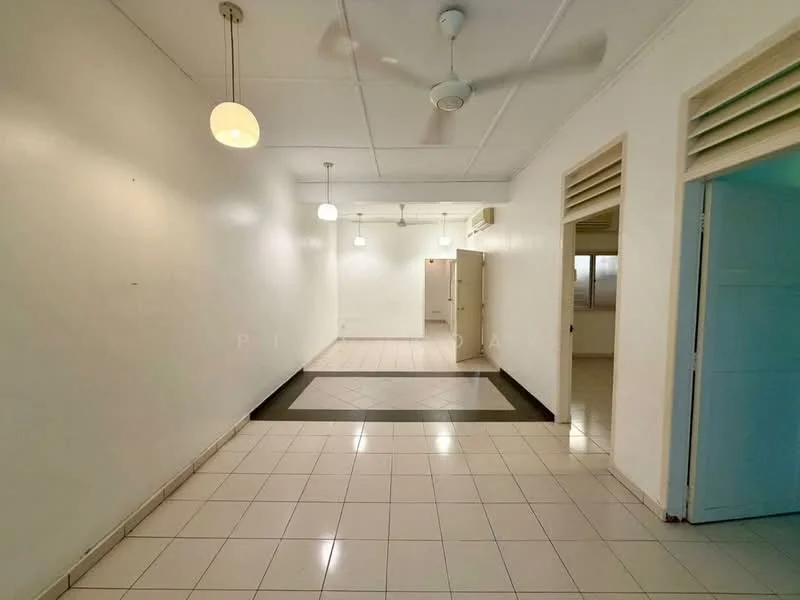 Room features: white painted walls, ceiling with recessed lighting, 4 ceiling lights, white tiled flooring, ceiling fan, open layout, doorway to adjacent room, doorway to hallway; style: modern.