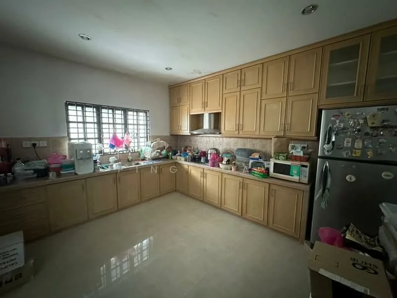 Kitchen features: light wood cabinetry, granite countertop, stainless-steel fridge, double-bowl stainless-steel sink, chrome pull-down faucet, ceramic tile backsplash, cream-colored walls, recessed lighting, tile flooring, window with metal grille, various kitchen appliances, storage boxes, kitchen utensils; style: modern.