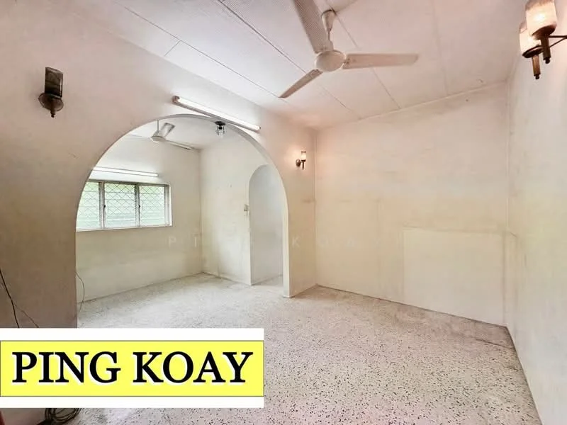 Room features: white painted walls, exposed ceiling with panels, terrazzo flooring, 2 ceiling fans, arched doorway, window with security bars, wall-mounted light fixtures; style: minimalist.