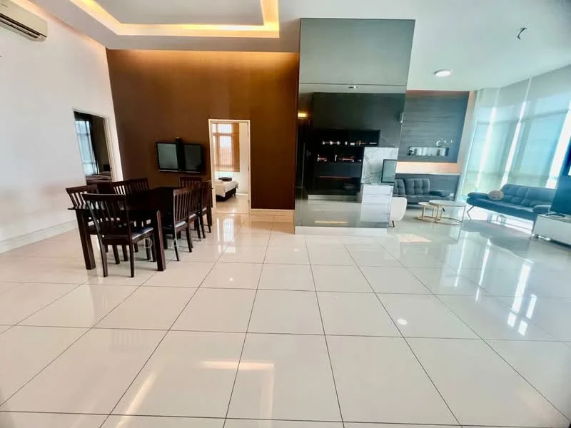 Living features: white walls, glossy white tile flooring, recessed lighting, 5-blade ceiling fan with light, wall-mounted TV, black feature wall, dining table with 6 chairs, sofa set, large windows with sheer curtains, open layout, decorative wall paneling; style: modern; view: city.
