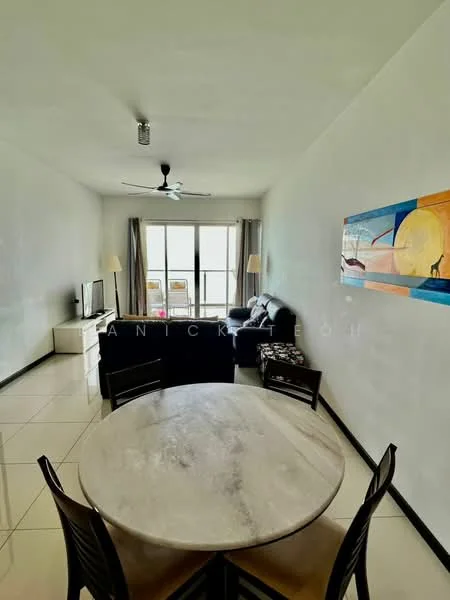 Living features: white painted walls, polished ceramic tile flooring, 5-blade ceiling fan with light, sofa in dark blue, coffee table, TV console, wall-mounted TV, floor-to-ceiling windows, curtains, decorative artwork on wall, light-colored area rug; style: modern; view: city. Dining features: round dining table with marble top, 4 dining chairs, decorative centerpiece; style: modern.
