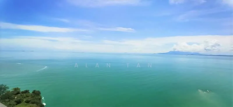 Exterior features: sea view, clear blue sky, tropical greenery, distant mountains, calm water, island in the distance.