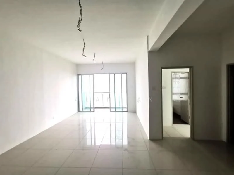 Room features: white painted walls, polished ceramic tile flooring, floor-to-ceiling windows, sliding glass door, no visible ceiling fixtures, open layout, neutral color scheme, access to balcony; style: modern.