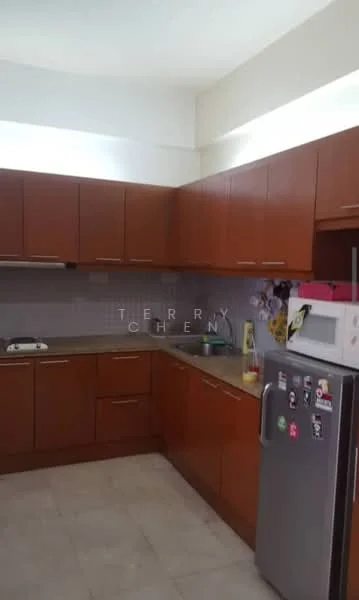 Kitchen features: brown wooden cabinetry, grey countertop, stainless-steel fridge, built-in oven, microwave, ceramic tile flooring, wall-mounted cabinets, single-bowl stainless-steel sink, chrome pull-down faucet, backsplash with tile cladding, recessed lighting; style: modern.